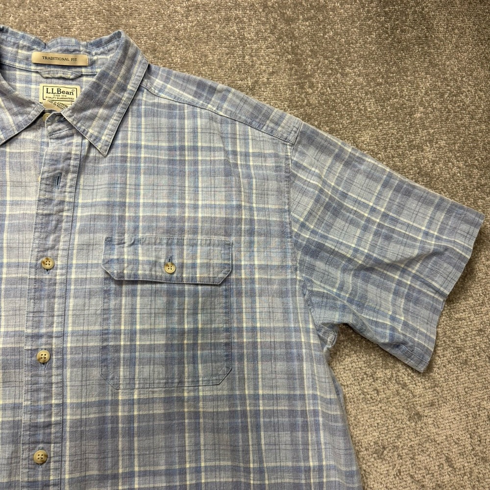 LL Bean Button Up Short Sleeve Cotton Shirt Blue Plaid Traditional Fit Men's XL